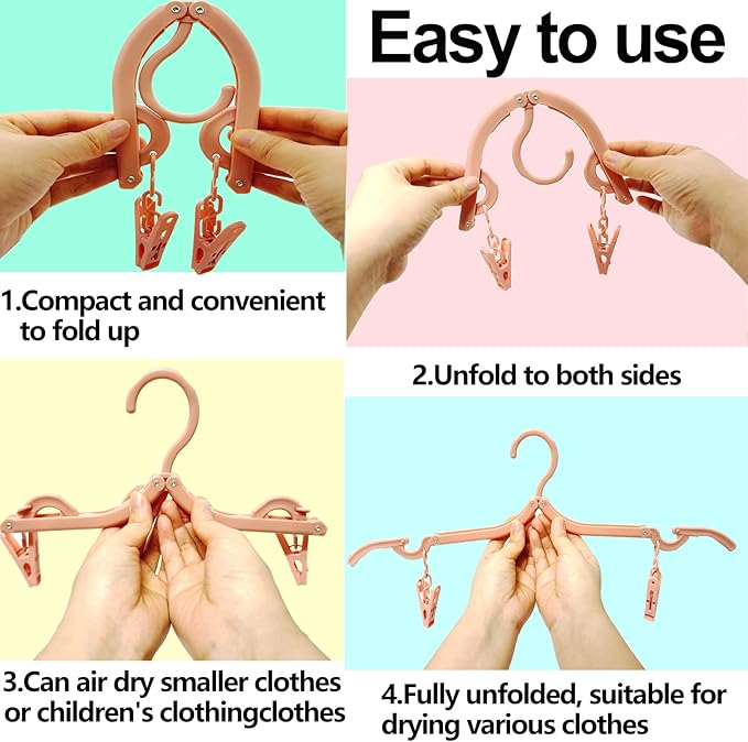 24 PCS Foldable Non Slip Plastic Clothes Hangers with Clips - Travel Accessories Drying Rack, 4 Colors