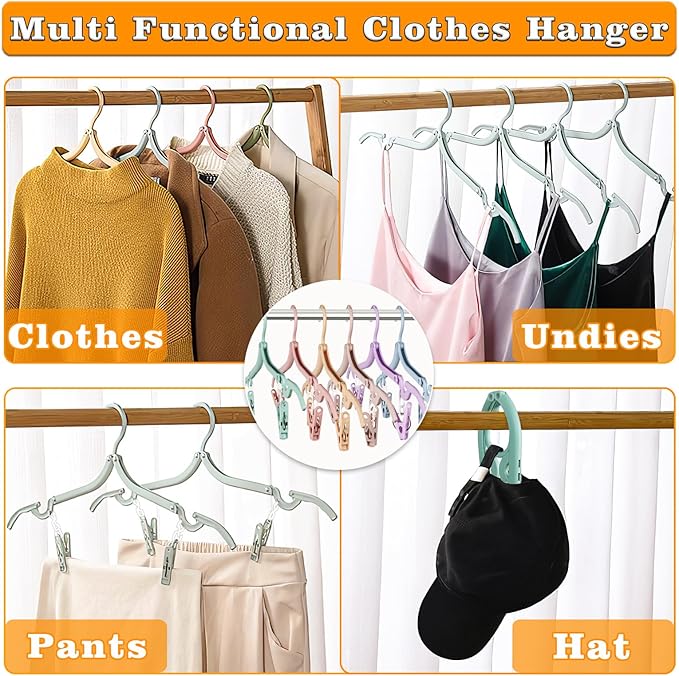 12 Pcs Foldable Travel Hangers with Clips, Collapsible Folding Hangers Drying Rack, Portable Clothes Hangers for Traveling, Cruise Ship Essentials (Multicolor)