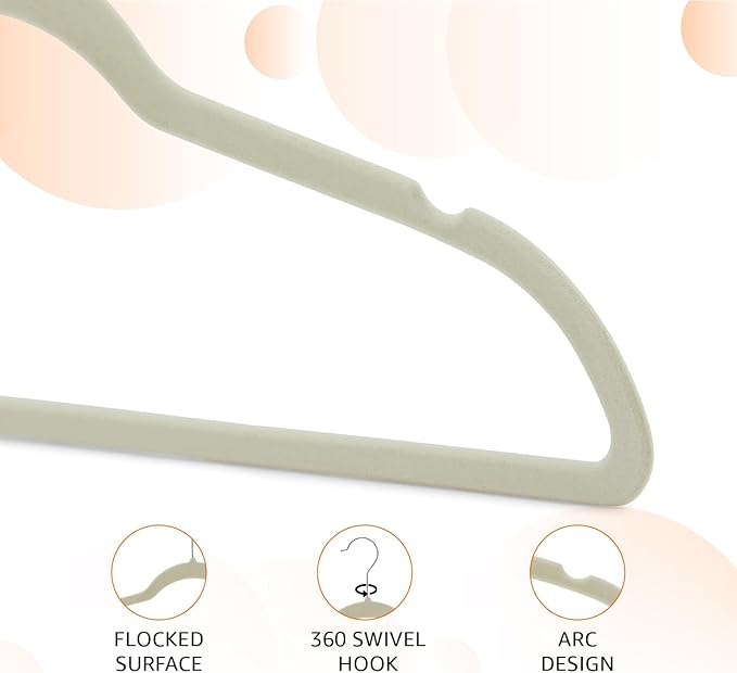 Slim, Velvet, Non-Slip Suit Clothes Hangers, Ivory/Beige- Pack of 30