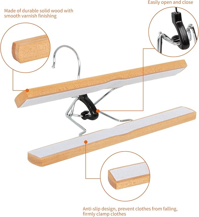 Sturdy Wooden Pants Hangers - Natural, 10-Pack
